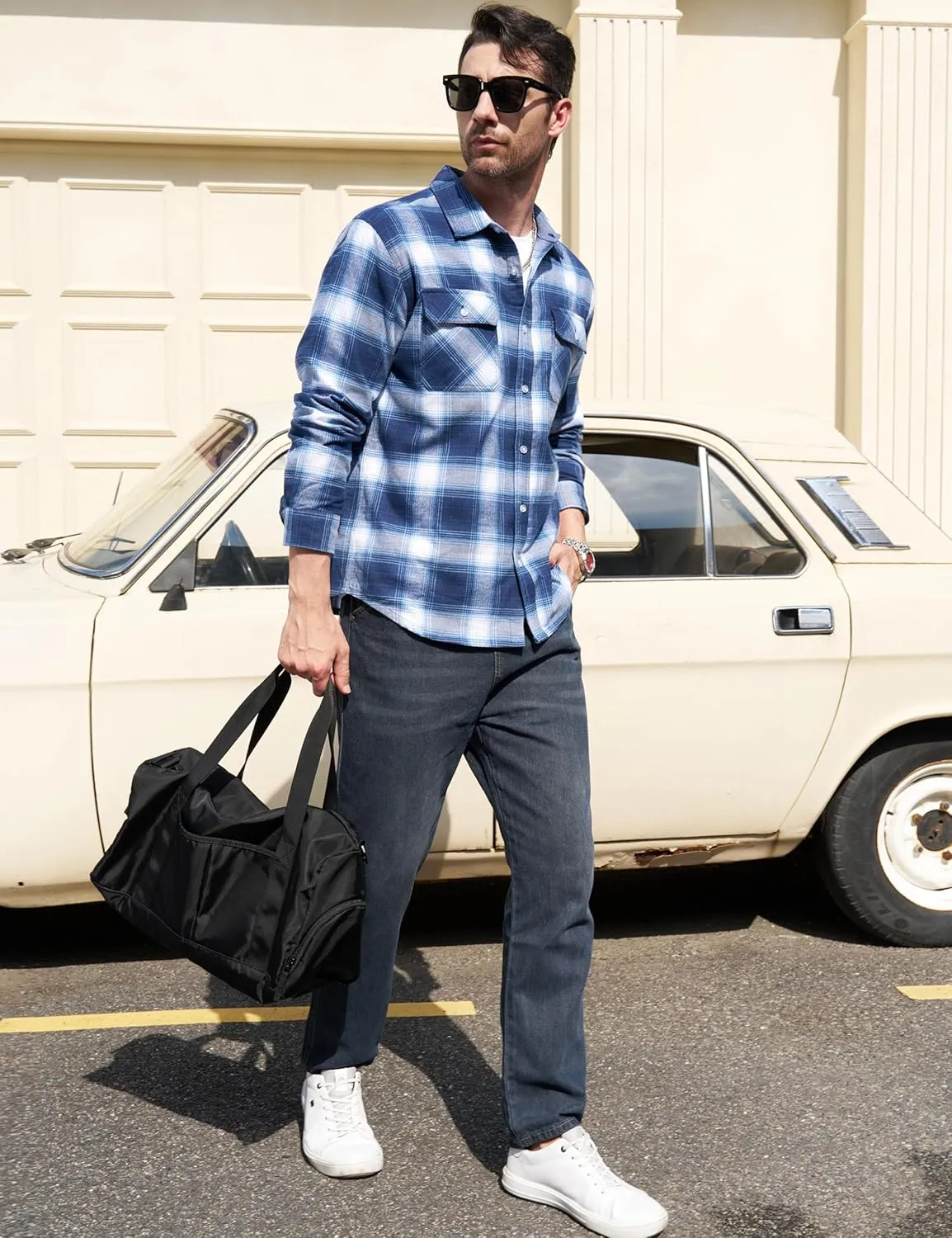 MAGCOMSEN Men's Flannel Shirts Cotton Long Sleeve Plaid Shirt Casual Fashion Button Up Shirts Jackets with 2 Pockets