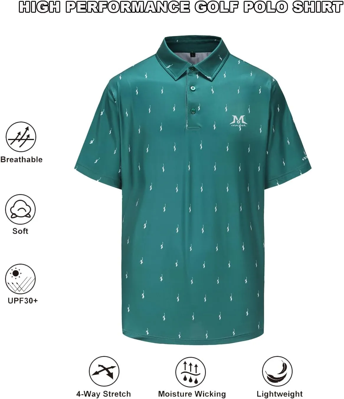 MAZEL Moisture Wicking Golf Polo Shirts for Men Dry Fit Performance Print Short Sleeve Golf Shirts
