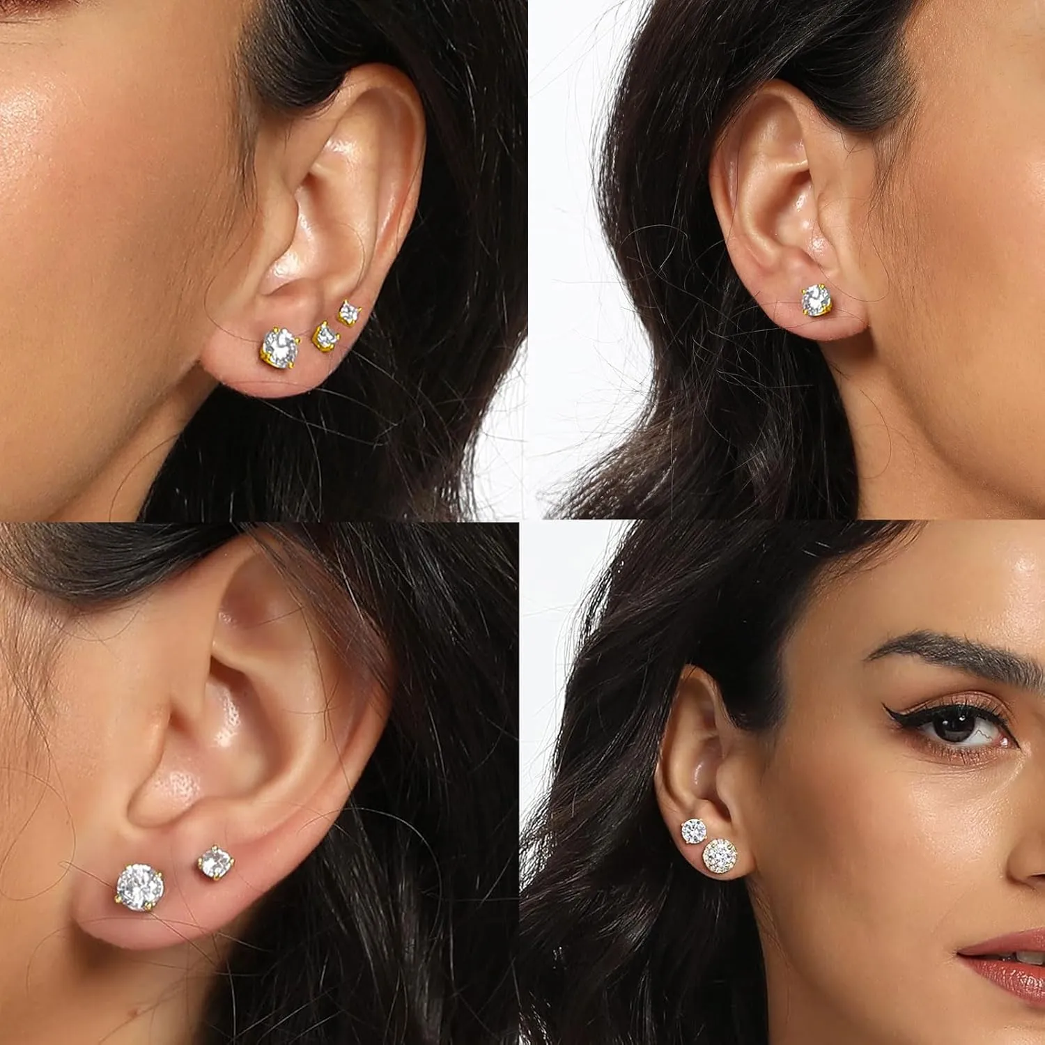 MDFUN 5 Pairs Stud Earrings Sets 3-7MM 18K Gold Plated Round/Cushion/Asscher/Emerald Cut Cubic Zirconia Earring Hypoallergenic Stud Earrings for Women Men