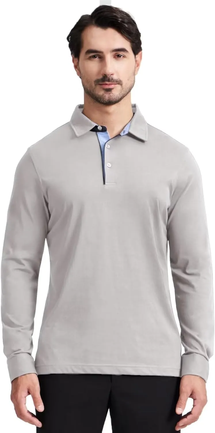 Men's Business Long and Short Sleeve Polo Shirts Mercerized Cotton Blend Casual Stylish Collared Shirts