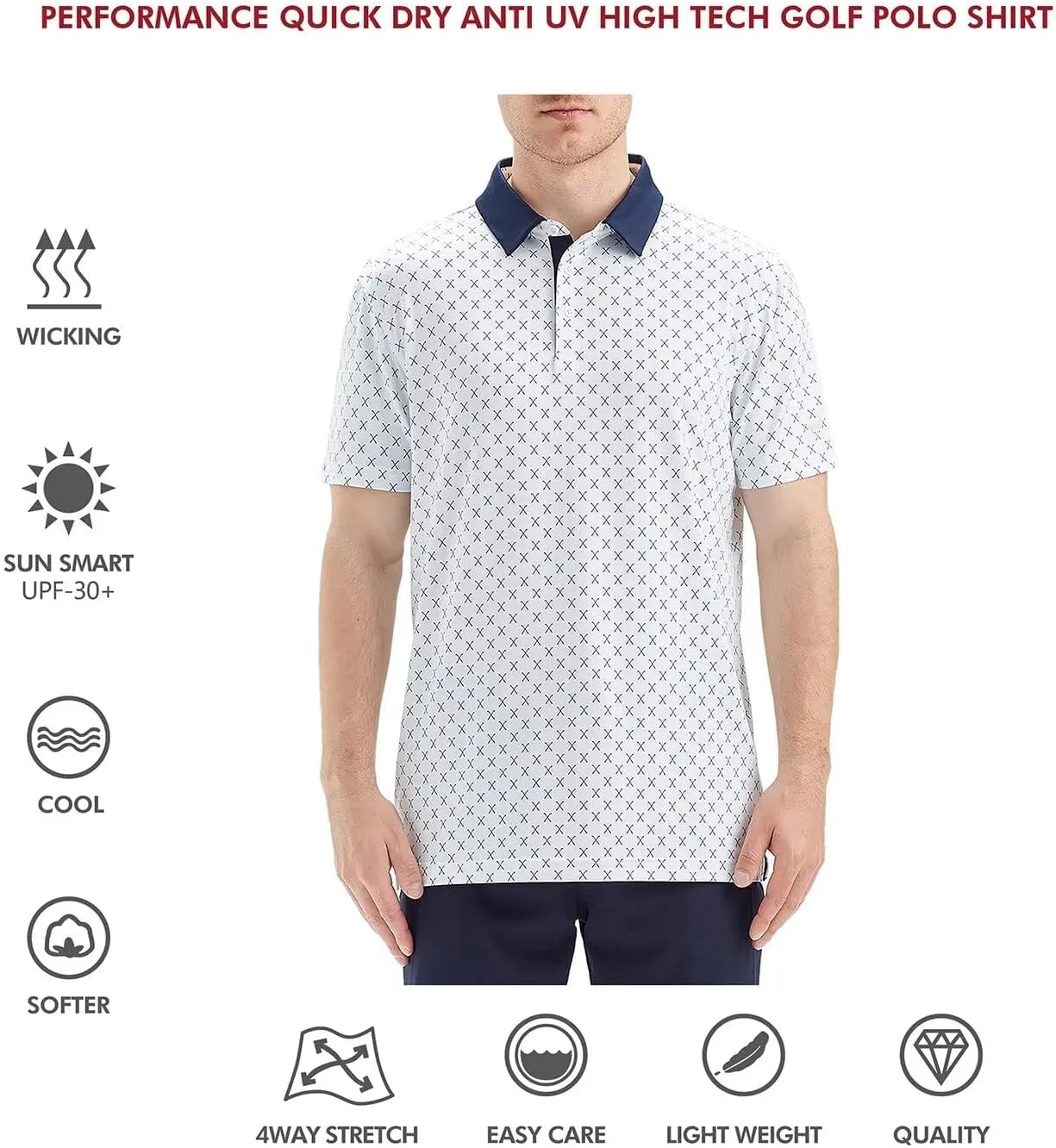 Mens Golf Shirts Short Sleeve Moisture Wicking Dry Fit Print Performance Athletic Casual Golf Polo Shirts for Men