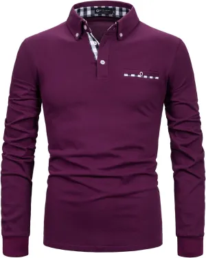 Men's Long Sleeve Polo Shirts Casual Fit Plaid Collar Cotton Golf T-Shirts