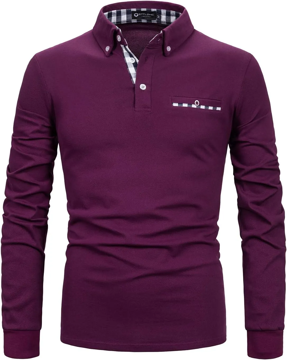 Men's Long Sleeve Polo Shirts Casual Fit Plaid Collar Cotton Golf T-Shirts