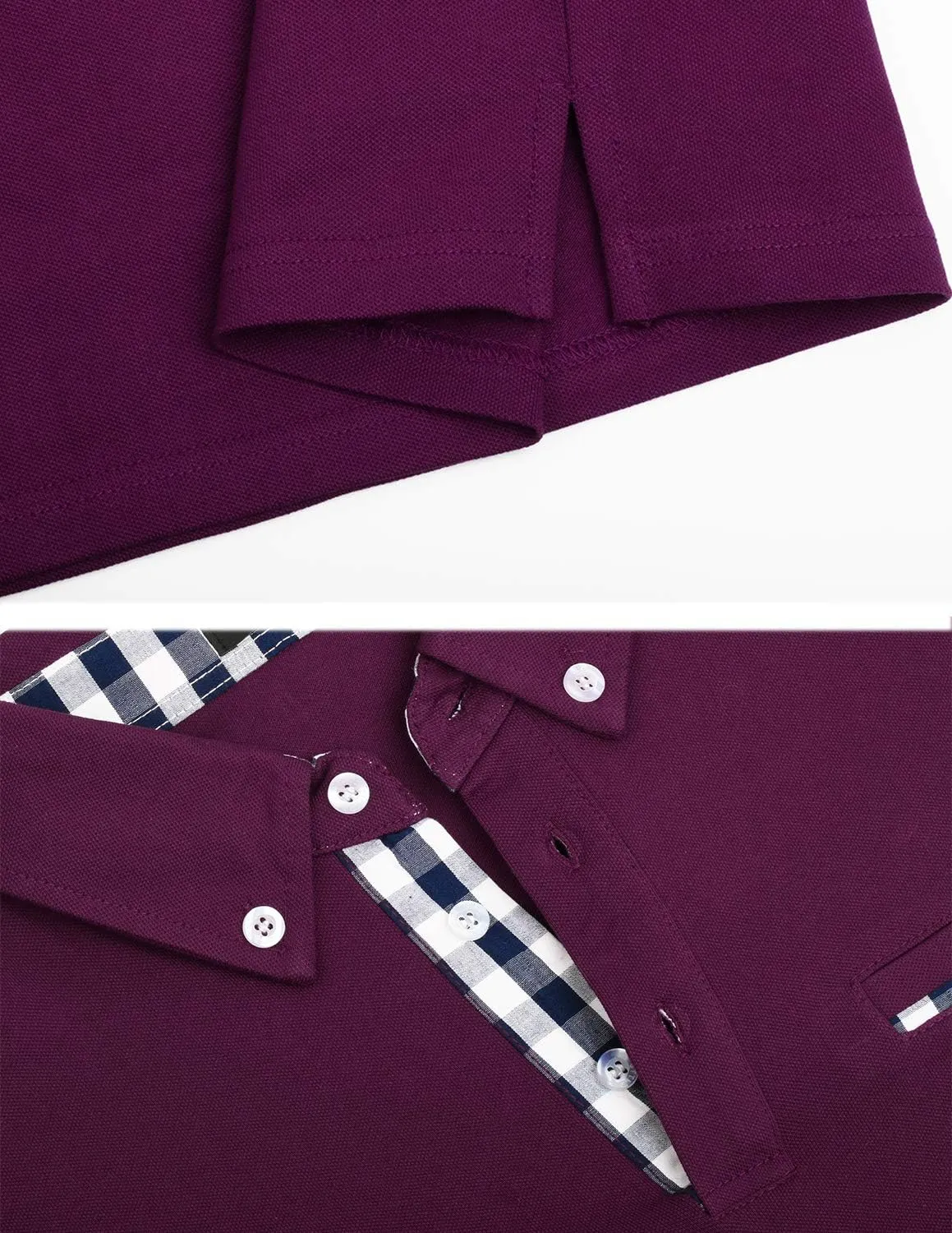 Men's Long Sleeve Polo Shirts Casual Fit Plaid Collar Cotton Golf T-Shirts