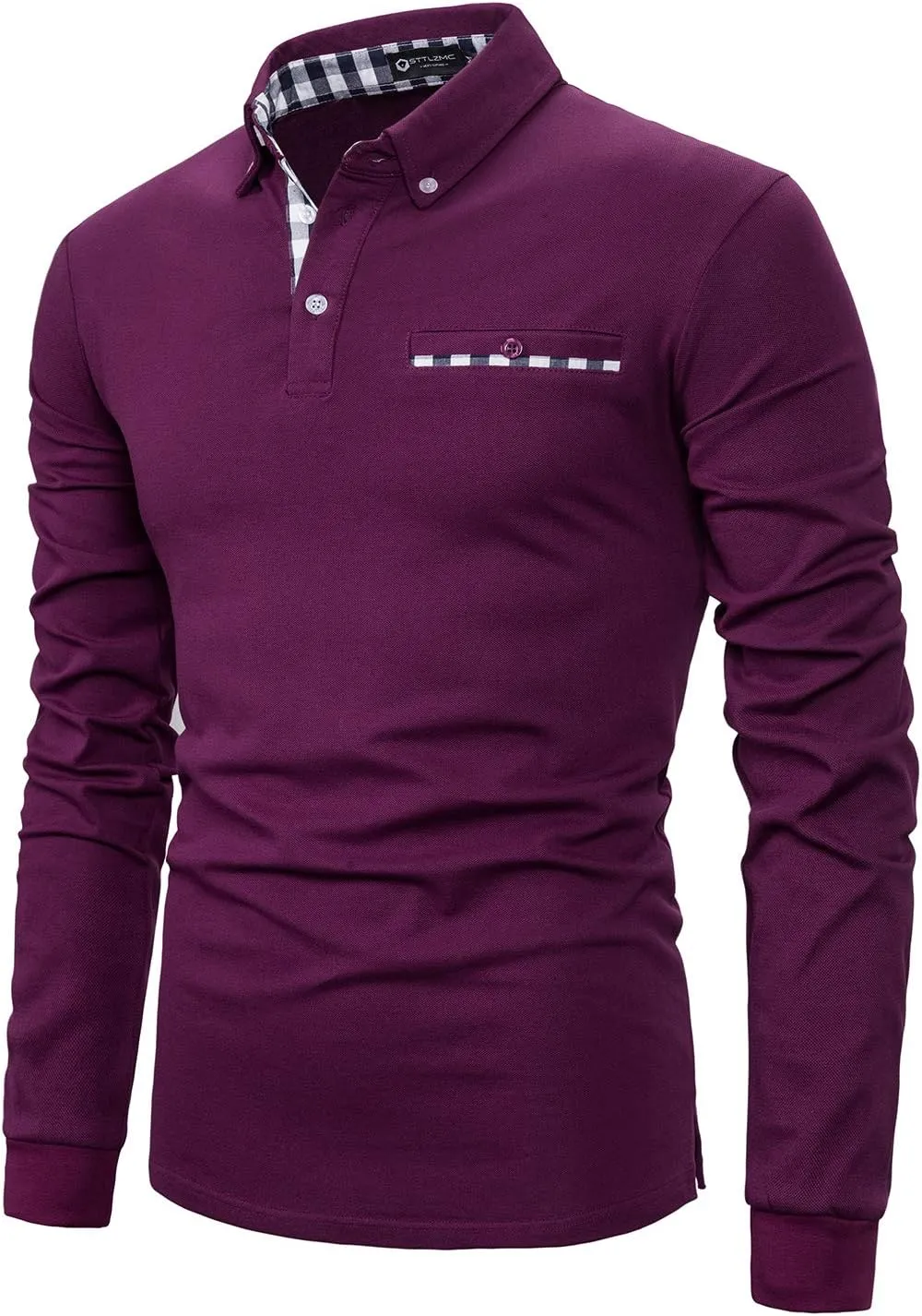 Men's Long Sleeve Polo Shirts Casual Fit Plaid Collar Cotton Golf T-Shirts