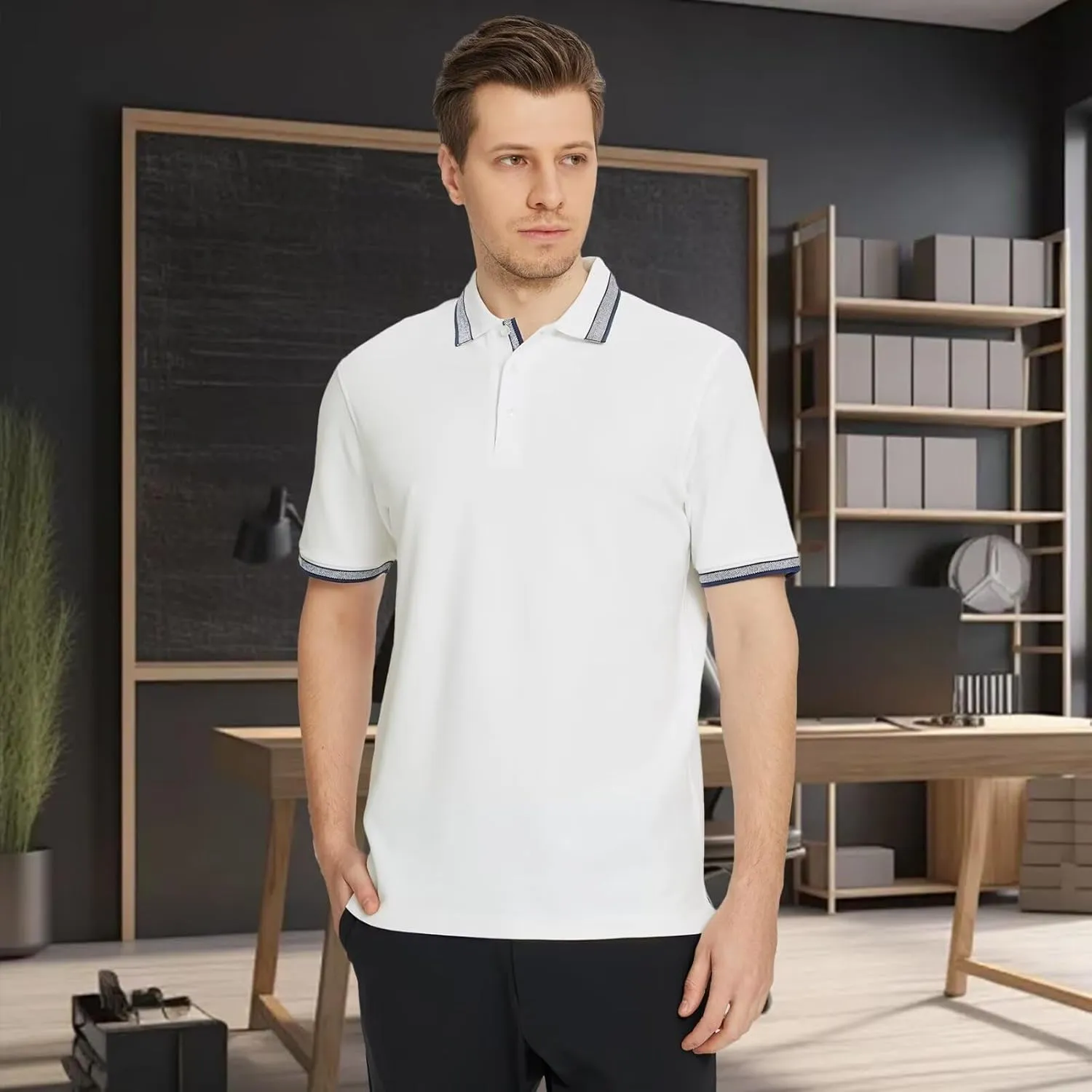 Men's Pique Polo Shirts Long Sleeve Cotton Blend Tipped Casual Collared Polo Shirts Business Classic Fit