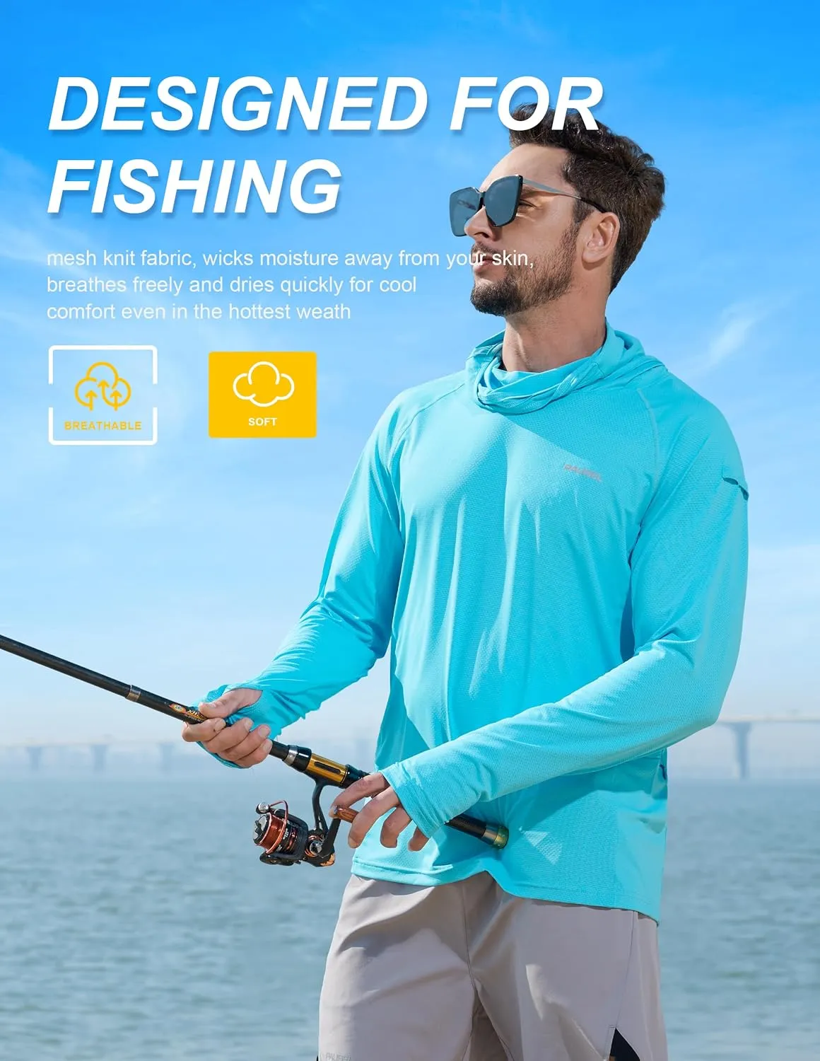 Men's Sun Protection Fishing Shirts UPF 50  Lightweight Hoodie Long Sleeve UV SPF Hooded Shirts with Mask Rash Guard
