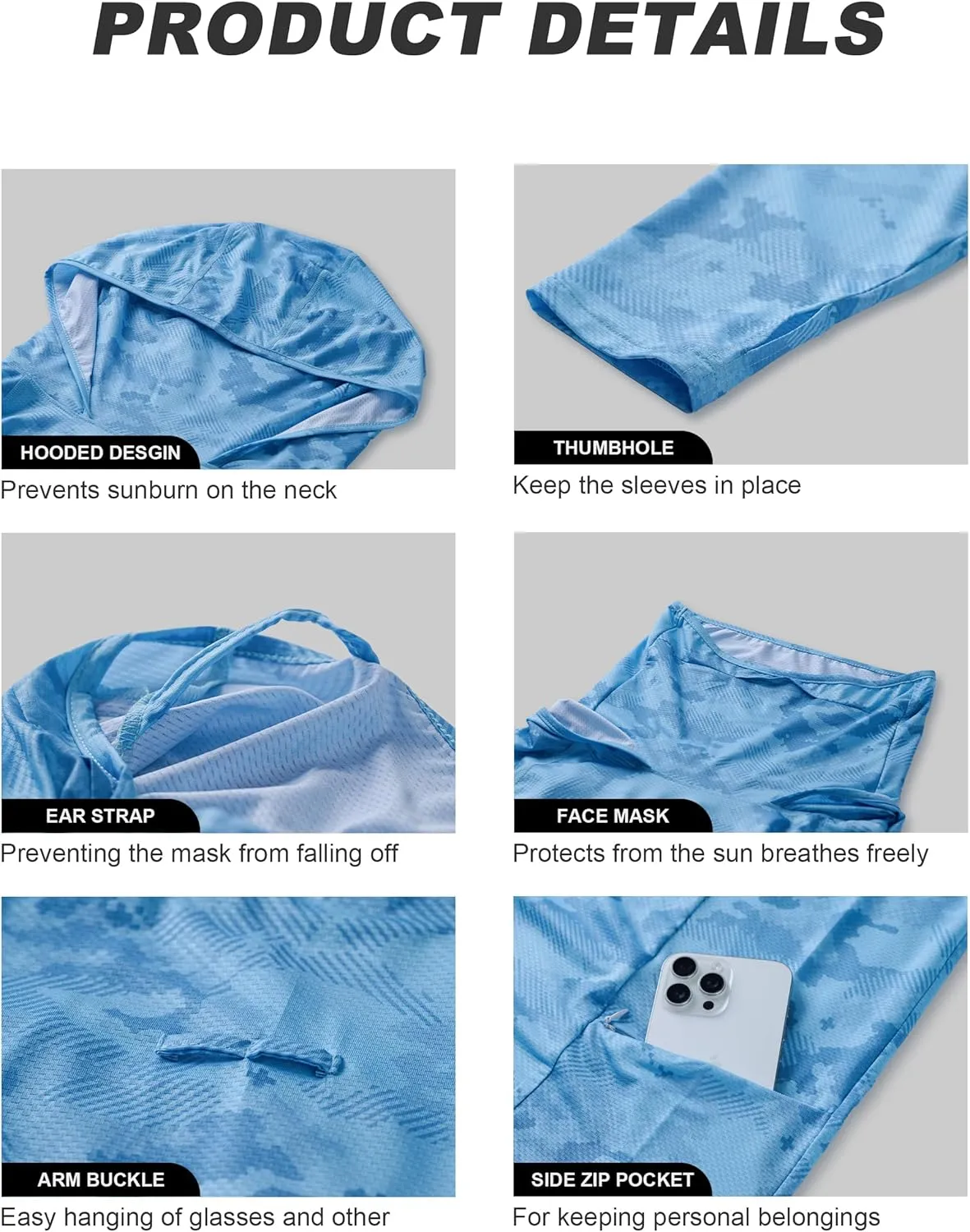 Men's Sun Protection Fishing Shirts UPF 50  Lightweight Hoodie Long Sleeve UV SPF Hooded Shirts with Mask Rash Guard