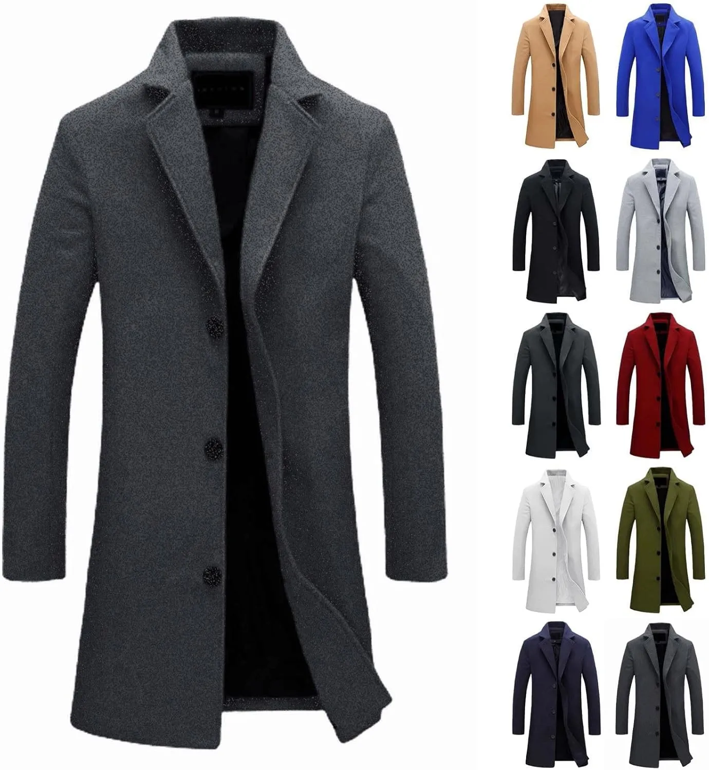 Men's Wool Blend Trench Coat Notched Lapel Collar Single Breasted Overcoat Slim Fit Warm Business Work Long Pea Coat