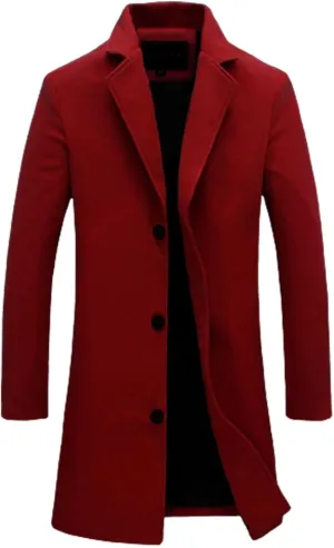 Men's Wool Blend Trench Coat Notched Lapel Collar Single Breasted Overcoat Slim Fit Warm Business Work Long Pea Coat