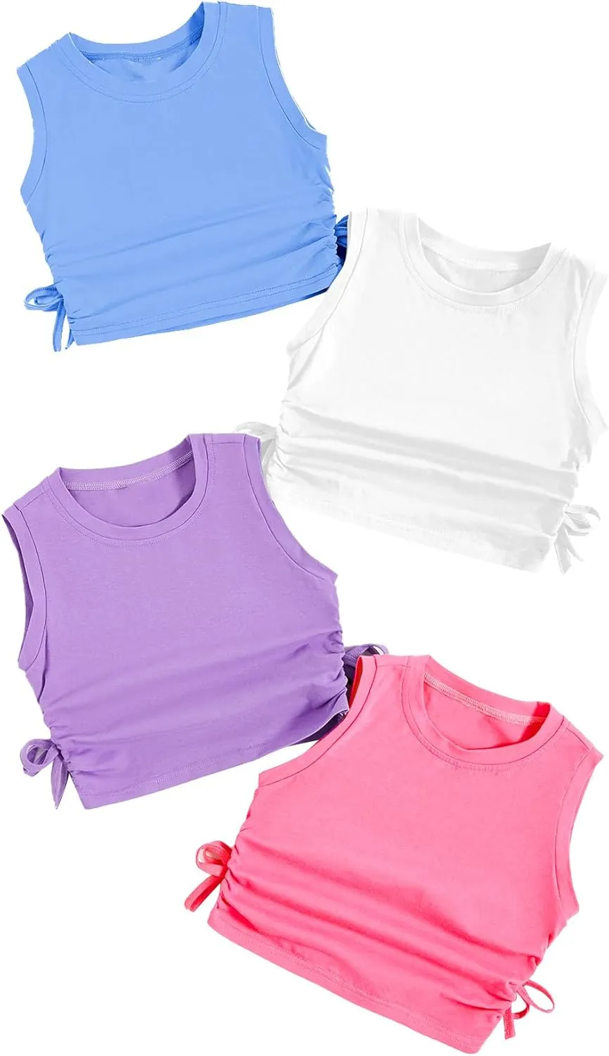 Milumia Girl's 4 Pack Dance Tops Ruched Knot Side Solid Round Neck Crop Tank Tops