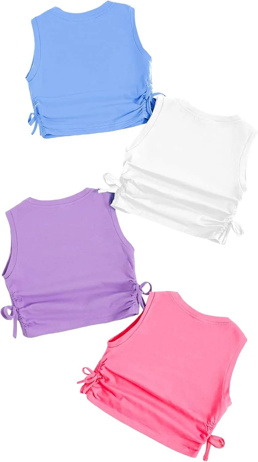 Milumia Girl's 4 Pack Dance Tops Ruched Knot Side Solid Round Neck Crop Tank Tops