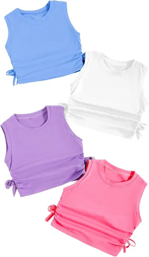 Milumia Girl's 4 Pack Dance Tops Ruched Knot Side Solid Round Neck Crop Tank Tops