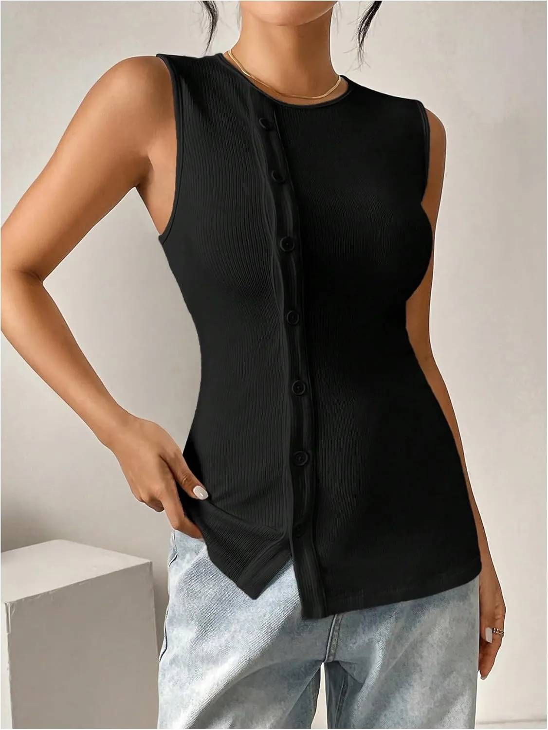 Milumia Women's Button Up Tank Tops Vest Sleeveless Business Casual Tops