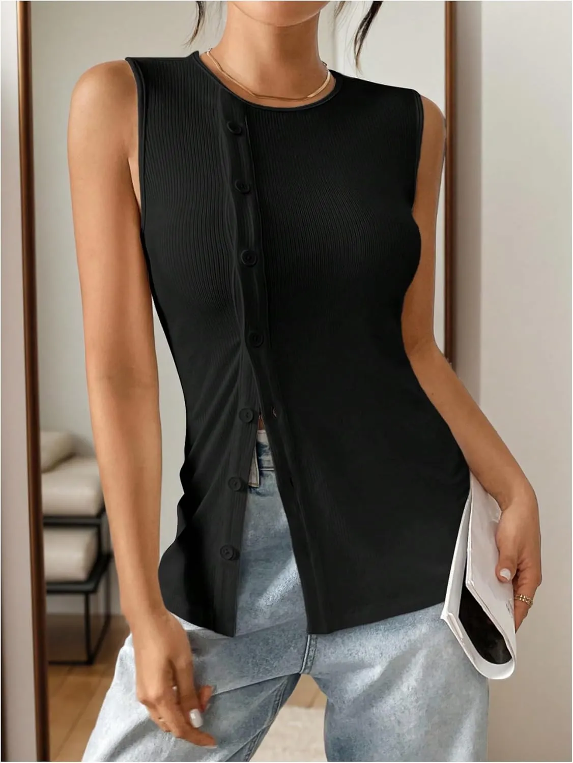 Milumia Women's Button Up Tank Tops Vest Sleeveless Business Casual Tops