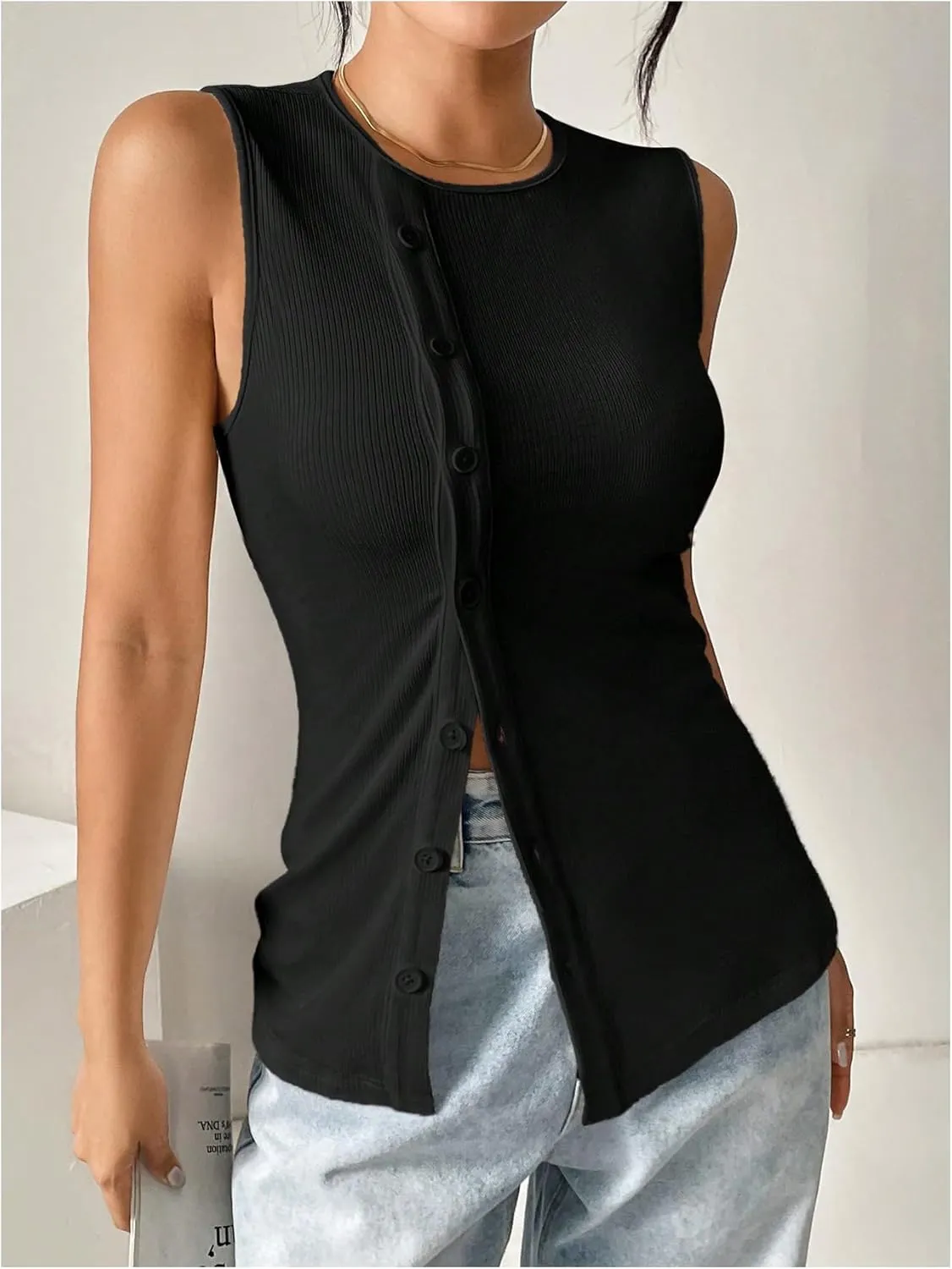 Milumia Women's Button Up Tank Tops Vest Sleeveless Business Casual Tops