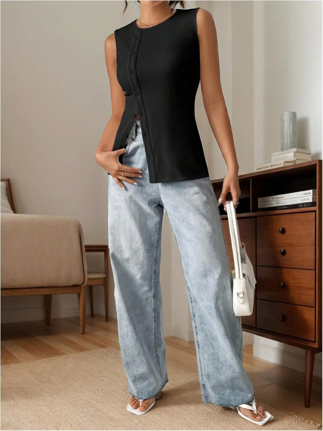 Milumia Women's Button Up Tank Tops Vest Sleeveless Business Casual Tops