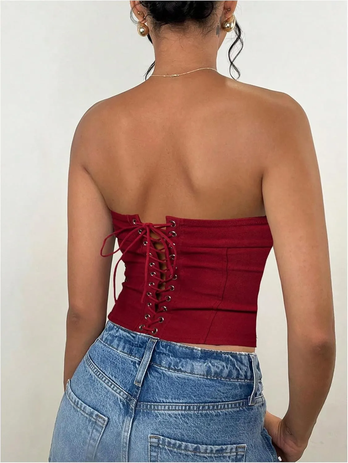 Milumia Women's Pu Leather Tube Crop Tops Lace Up Bustier Tops