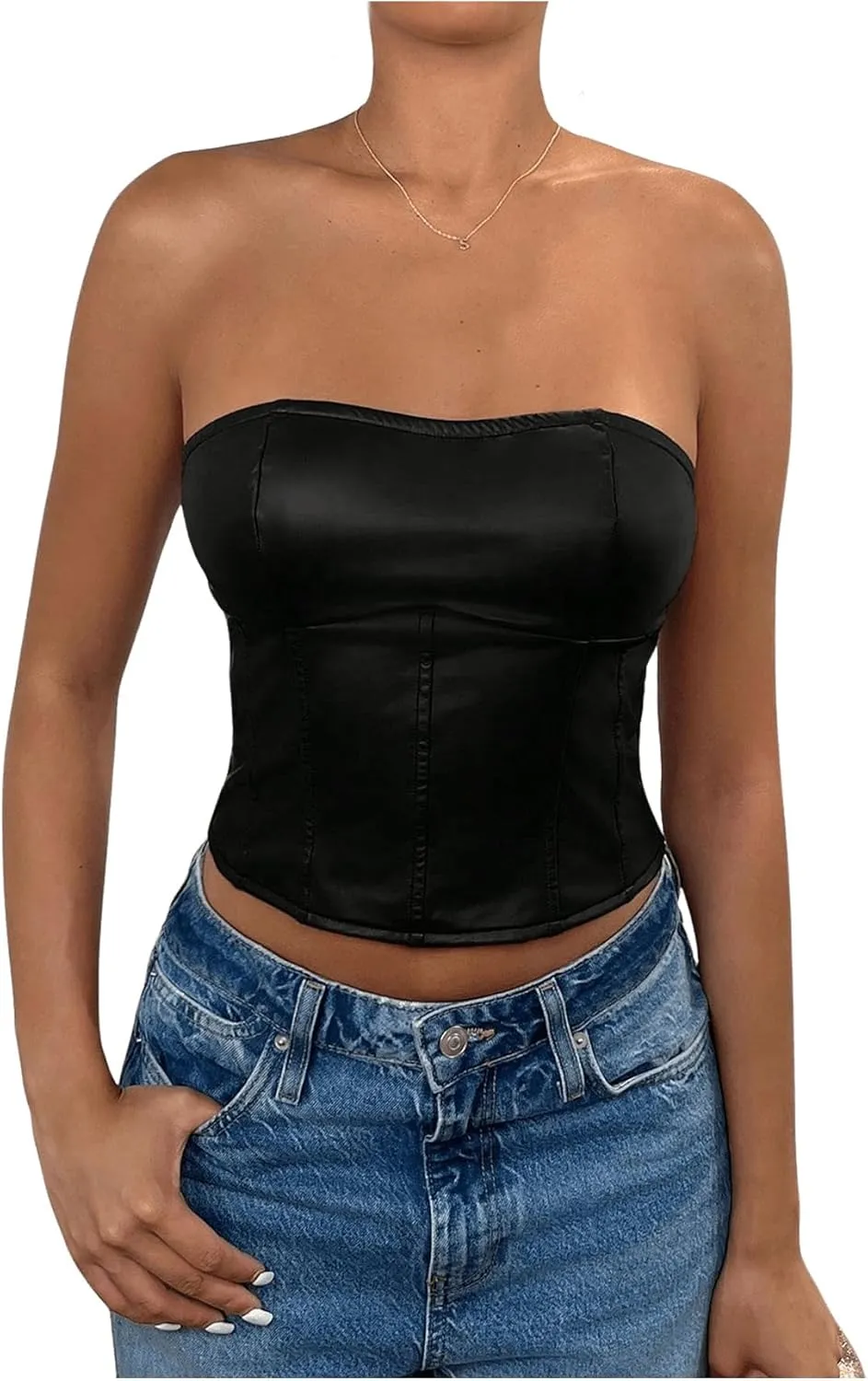 Milumia Women's Pu Leather Tube Crop Tops Lace Up Bustier Tops