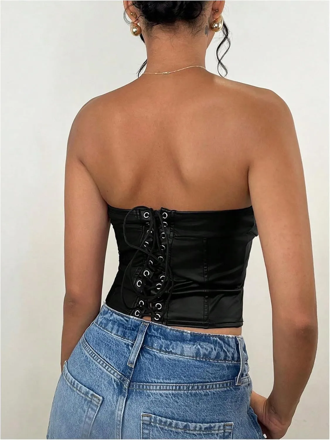 Milumia Women's Pu Leather Tube Crop Tops Lace Up Bustier Tops