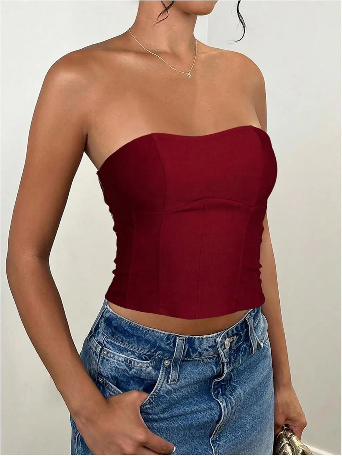 Milumia Women's Pu Leather Tube Crop Tops Lace Up Bustier Tops
