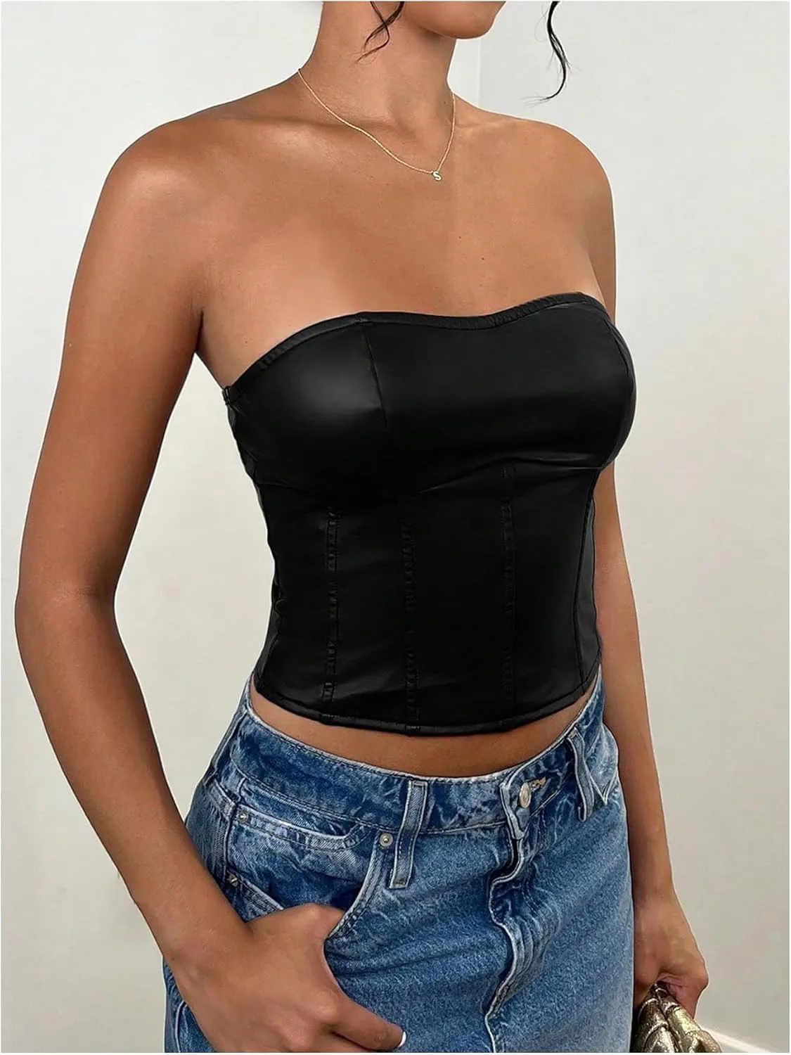 Milumia Women's Pu Leather Tube Crop Tops Lace Up Bustier Tops
