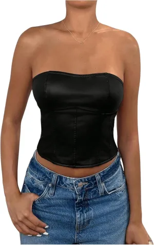 Milumia Women's Pu Leather Tube Crop Tops Lace Up Bustier Tops