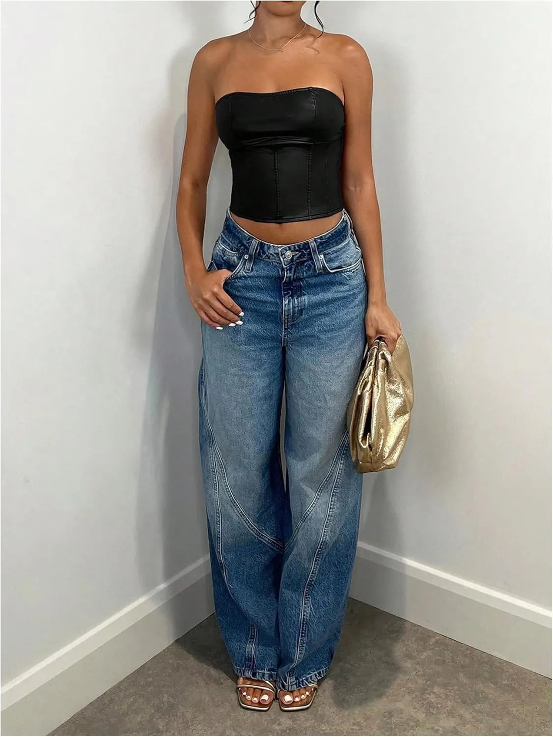 Milumia Women's Pu Leather Tube Crop Tops Lace Up Bustier Tops