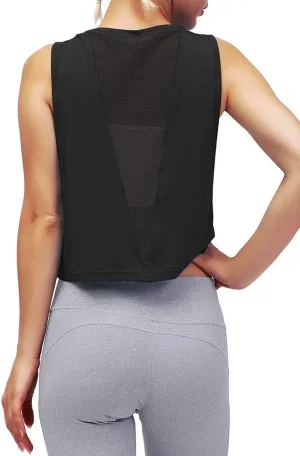 Mippo Womens Mesh Back Workout Crop Tops Loose Fit Gym Running Tank Tops