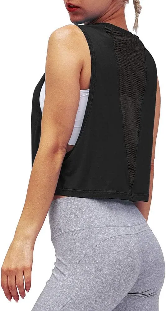 Mippo Womens Mesh Back Workout Crop Tops Loose Fit Gym Running Tank Tops