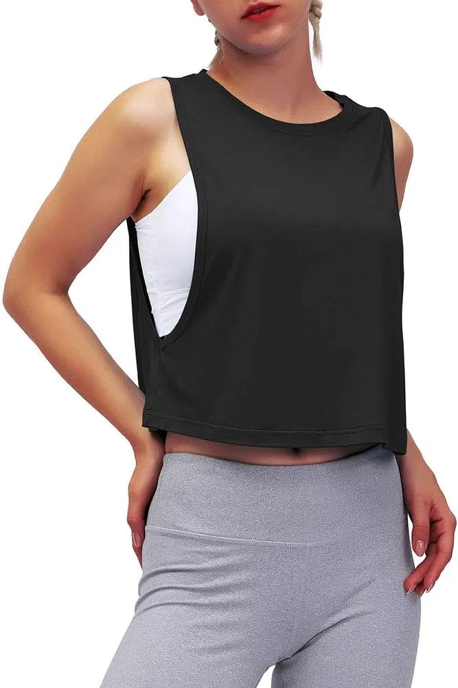 Mippo Womens Mesh Back Workout Crop Tops Loose Fit Gym Running Tank Tops