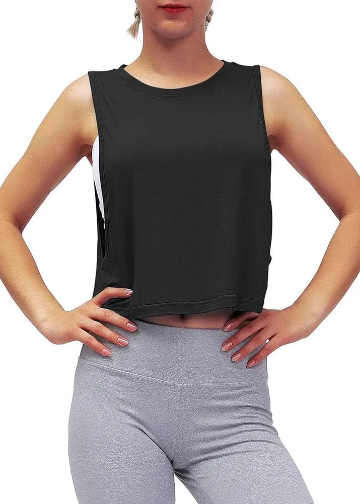 Mippo Womens Mesh Back Workout Crop Tops Loose Fit Gym Running Tank Tops