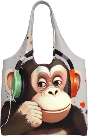 Music Monkey Canvas Tote Bag Aesthetic Large Shoulder Bags Reusable Shopping Bags for Women Grocery Bag Purse