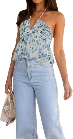 Mxiqqpltky Women Tie Halter Tank Tops Sexy V Neck Ruched Flowy Peplum Crop Camisole Cute Y2K Print Backless Ruffle Cami Tops