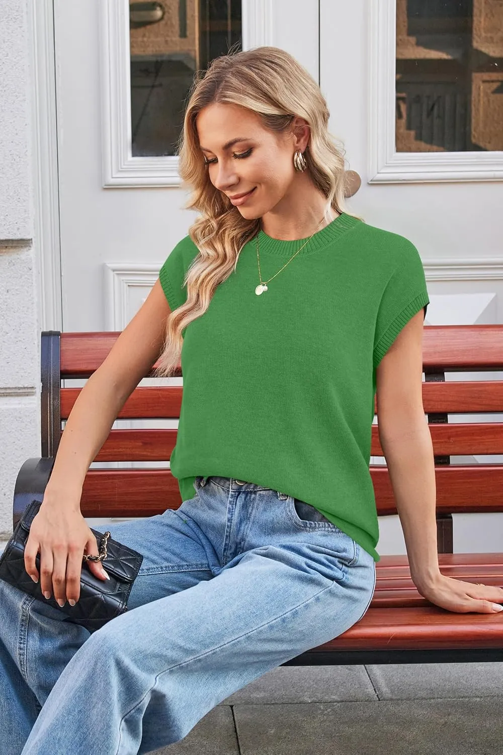 Newshows Womens 2024 Summer Tops Spring Sweater Vest Cap Sleeve Crewneck Business Casual Outfits Knit Dressy Shirts Trendy