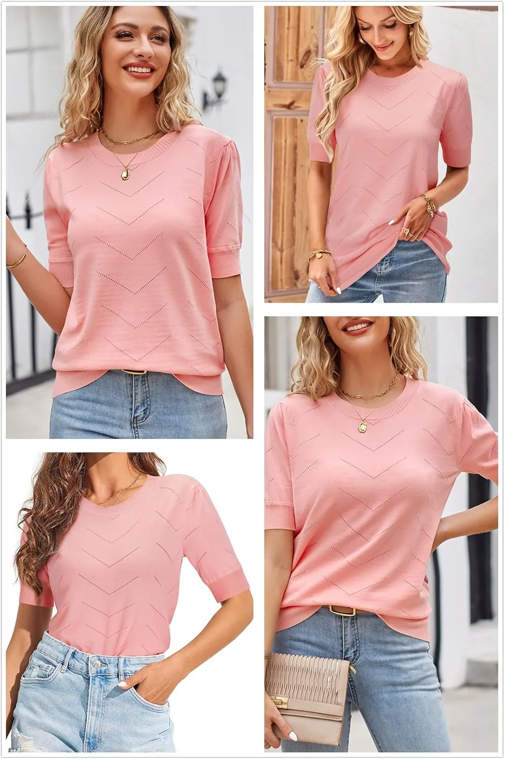 Newshows Womens Summer Short Sleeve Sweater Tops Fall Business Casual Outfits Crewneck Lightweight Dressy Knit Shirts