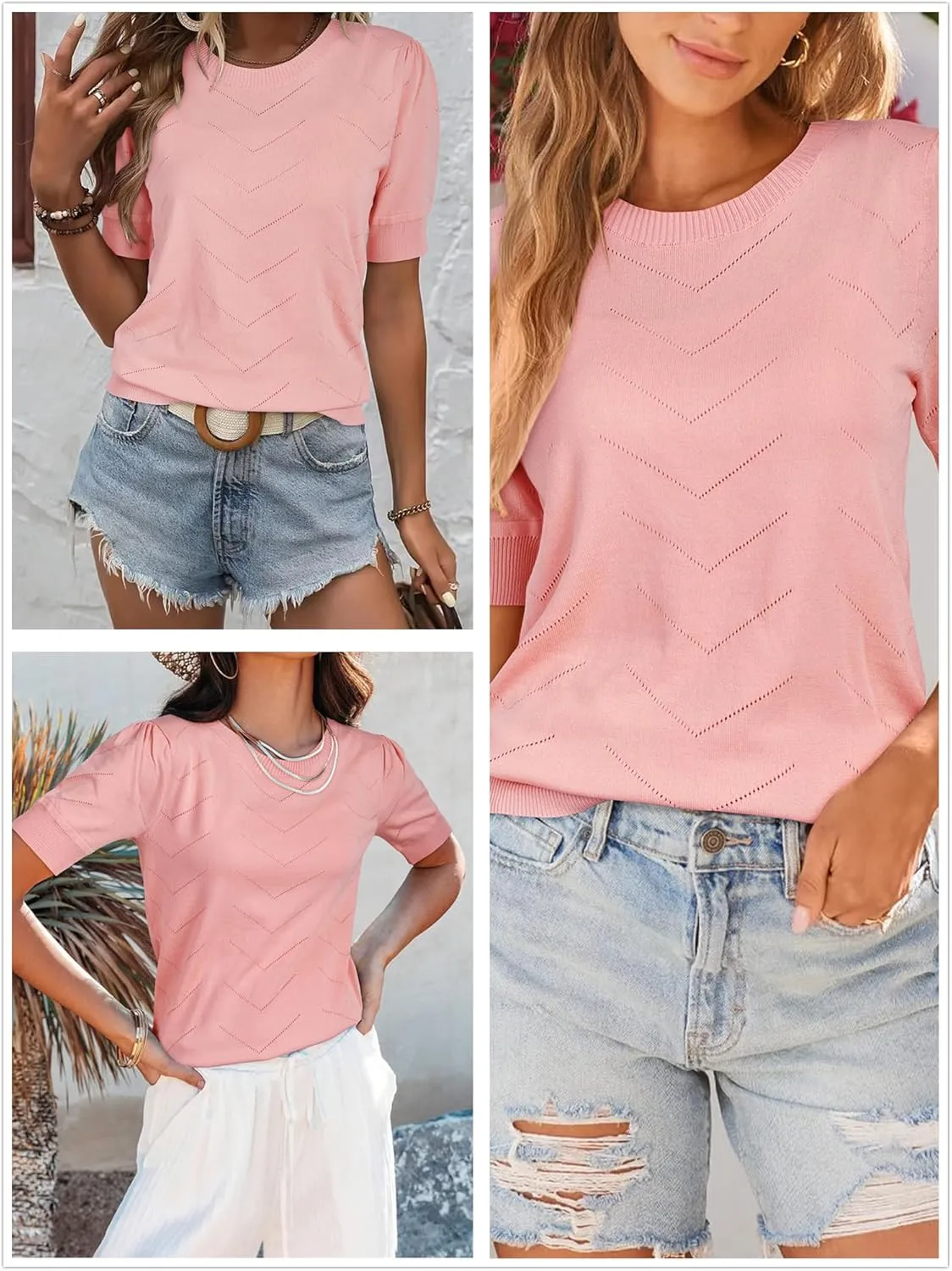 Newshows Womens Summer Short Sleeve Sweater Tops Fall Business Casual Outfits Crewneck Lightweight Dressy Knit Shirts
