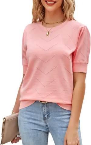 Newshows Womens Summer Short Sleeve Sweater Tops Fall Business Casual Outfits Crewneck Lightweight Dressy Knit Shirts