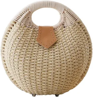 OEIPSMK Lady's Stylish Shell Shape Straw Tote Handbag Rattan Beach Bag (Beige)