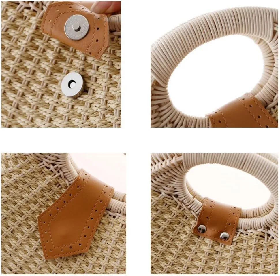 OEIPSMK Lady's Stylish Shell Shape Straw Tote Handbag Rattan Beach Bag (Beige)