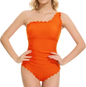 One Shoulder One Piece Swimsuit for Women Scalloped Bathing Suit Full Coverage Modest Slimming Swimwear