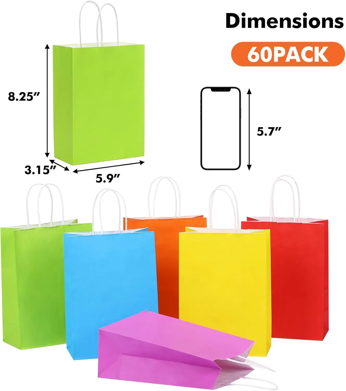 OUTUXED 60pcs Paper Gift Bags with 60 Tissues Bulk, 6 Colors Party Favor Bags with Handles, Small Goodie Bags Gift Bags for Birthday, Party Supplies and Crafts