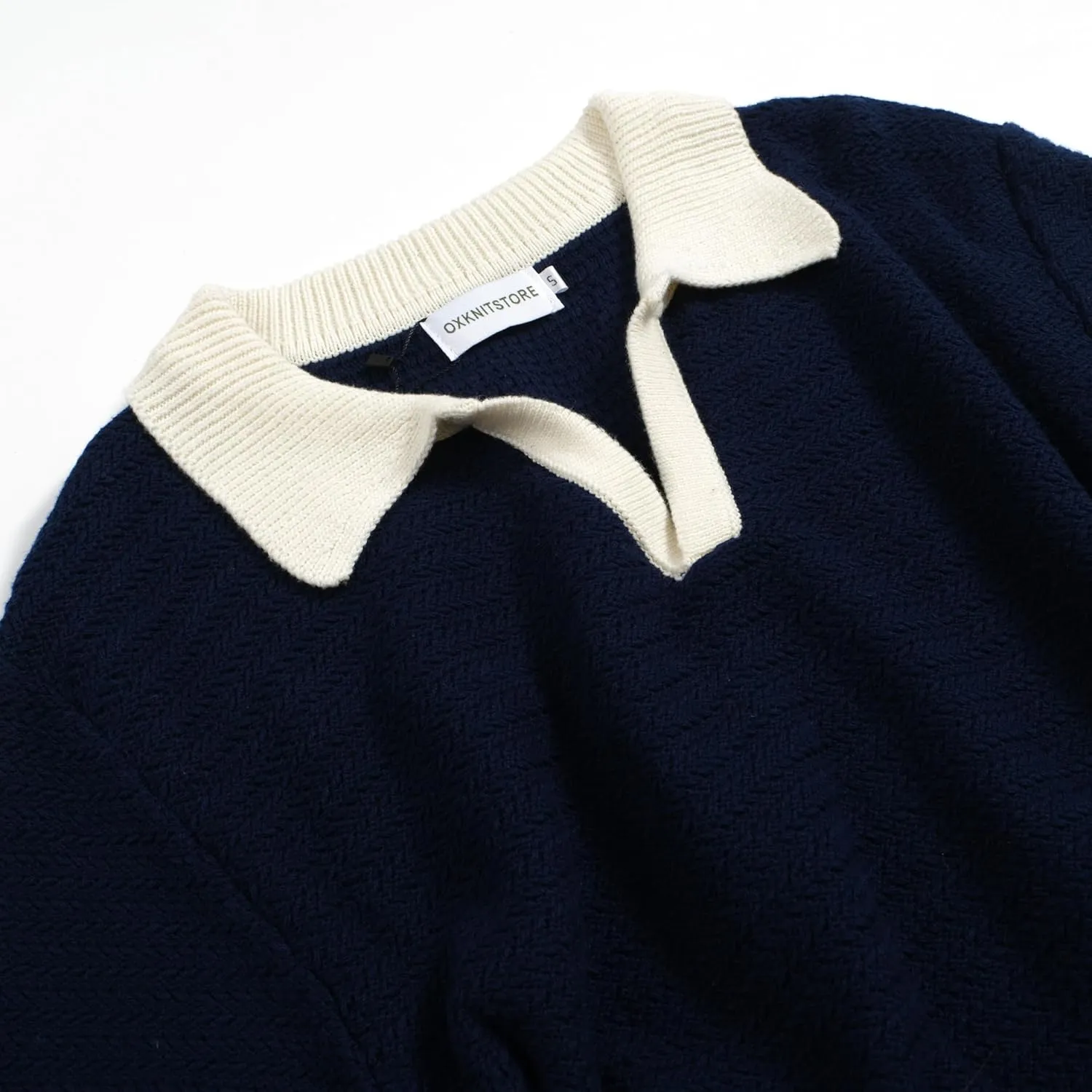 OXKNIT Mens Knit Polo Shirts Vintage Short Sleeve Golf Shirts Textured Retro Poloshirt White V-Neck