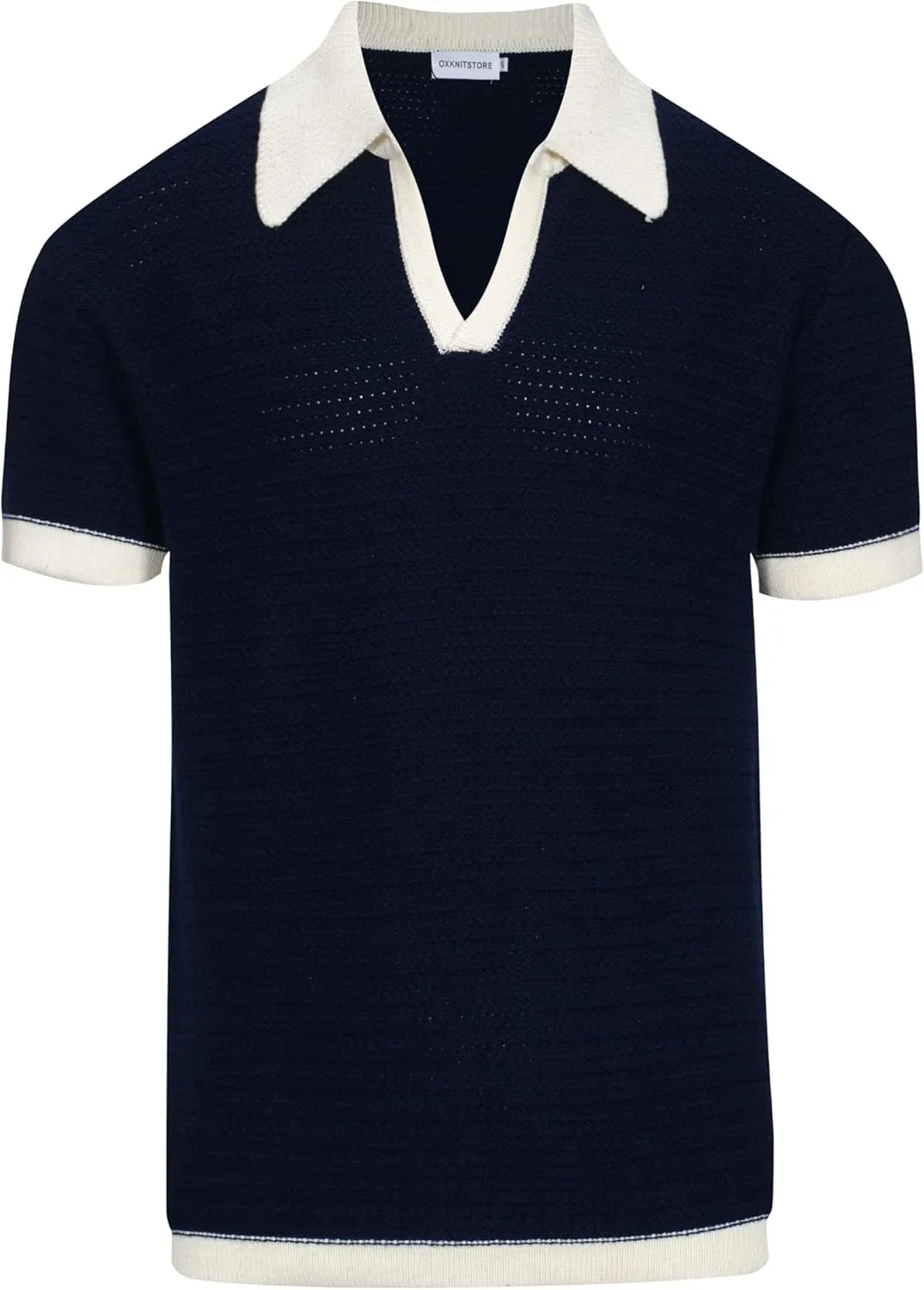 OXKNIT Mens Knit Polo Shirts Vintage Short Sleeve Golf Shirts Textured Retro Poloshirt White V-Neck