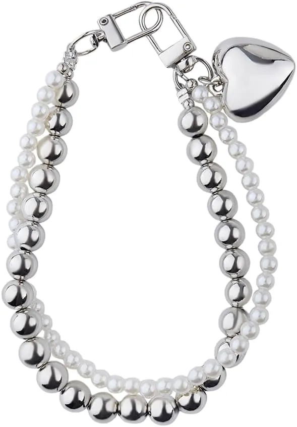 Pearl Heart Keychain Charm for Backpack Bag Accessories Y2k for Women Girls Cute Phone Charm Beaded Pearl Wristlet Keychain Silver Heart Key Chain Accessories for Purse Phone Chain Y2k Keychains