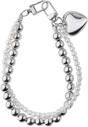 Pearl Heart Keychain Charm for Backpack Bag Accessories Y2k for Women Girls Cute Phone Charm Beaded Pearl Wristlet Keychain Silver Heart Key Chain Accessories for Purse Phone Chain Y2k Keychains