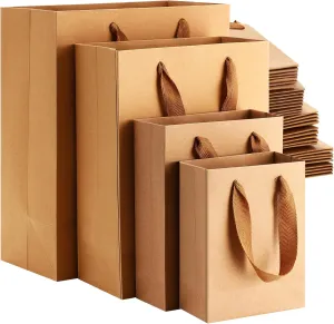 PerKoop 40 Pack Kraft Gift Bags Handled Paper 4 Sizes Goodie with Handles Gift Wrap Dessert Shopping Bags for Business, Boutique, Party Favors(Vertical,Brown)