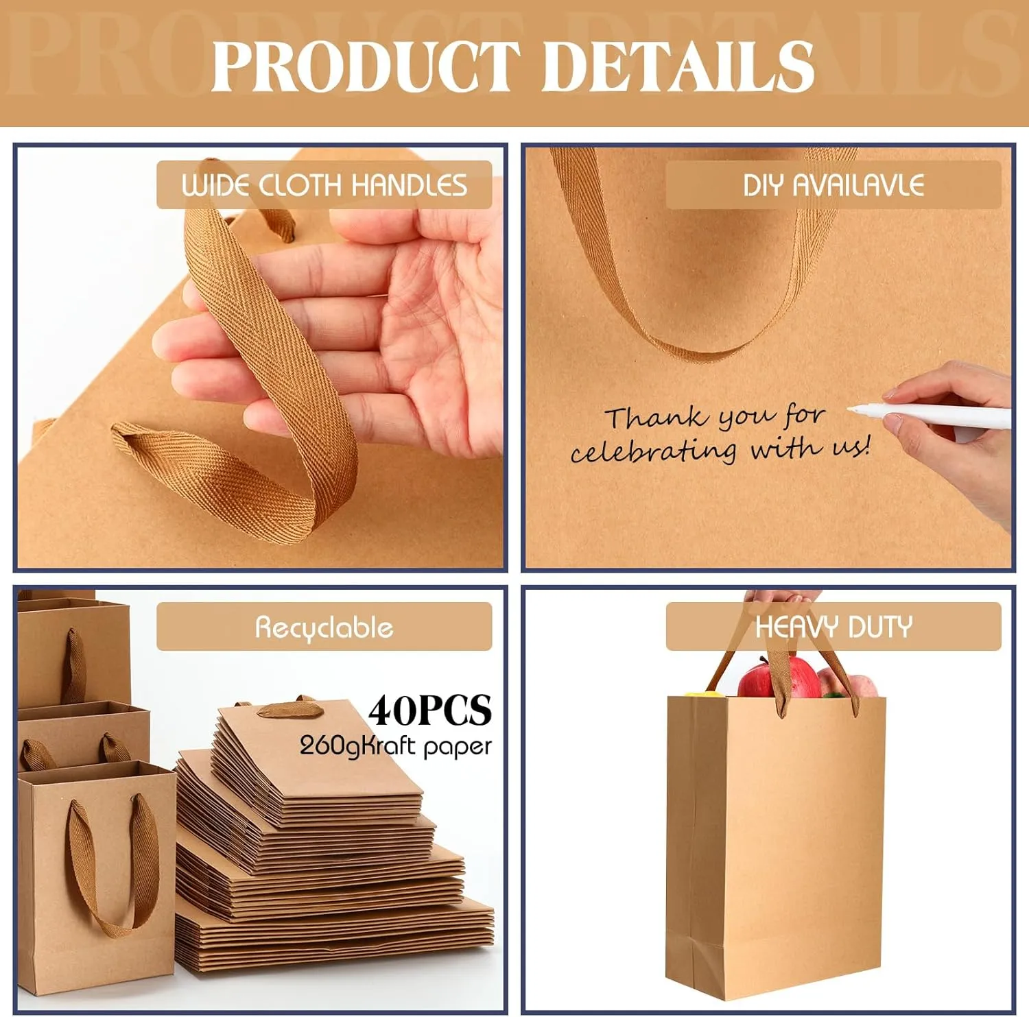PerKoop 40 Pack Kraft Gift Bags Handled Paper 4 Sizes Goodie with Handles Gift Wrap Dessert Shopping Bags for Business, Boutique, Party Favors(Vertical,Brown)