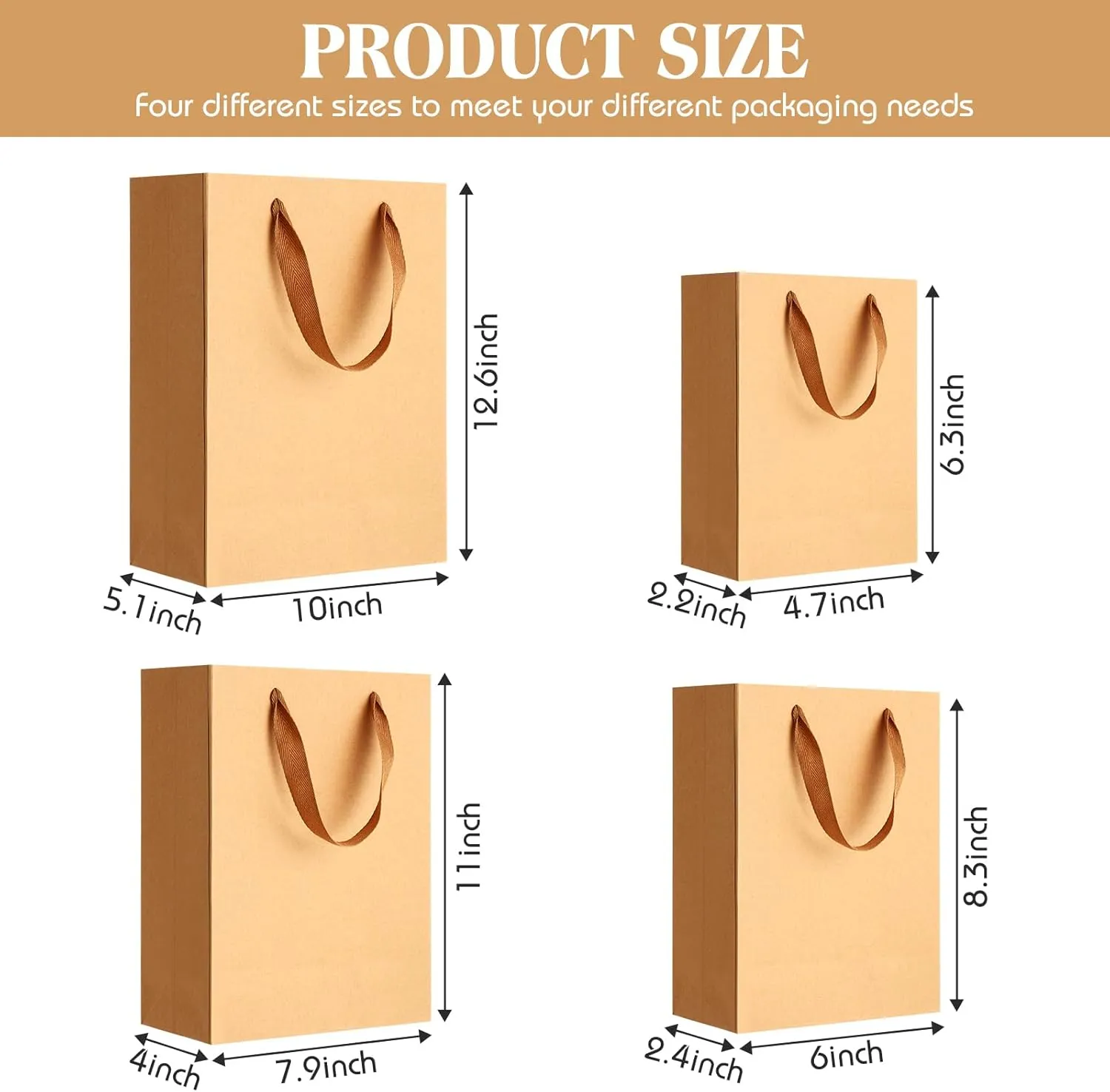 PerKoop 40 Pack Kraft Gift Bags Handled Paper 4 Sizes Goodie with Handles Gift Wrap Dessert Shopping Bags for Business, Boutique, Party Favors(Vertical,Brown)