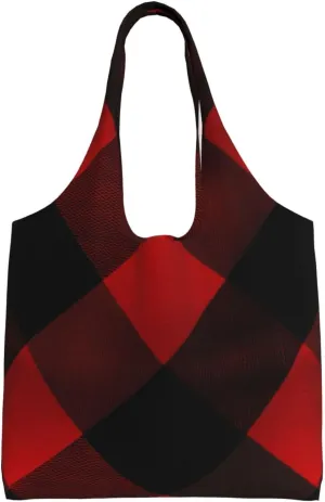 Plaid Red and Black Canvas Tote Bag Aesthetic Large Shoulder Bags Reusable Shopping Bags for Women Grocery Bag Purse